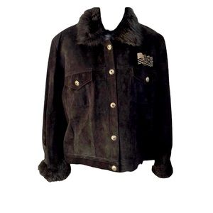 CHAR vintage woman’s black suede jacket Lady Liberty & Flag, fur, 8, EUC